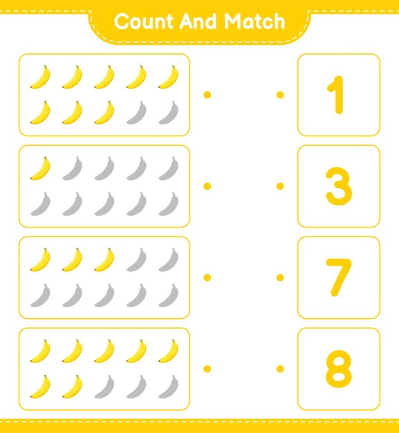 Cuente y empareje, cuente el número de plátano y empareje con los números correctos. juego educativo para niños, hoja de trabajo imprimible.