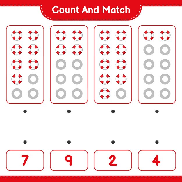 Cuente y empareje, cuente el número de salvavidas y empareje con los números correctos. Juego educativo para niños, hoja de trabajo imprimible, ilustración vectorial