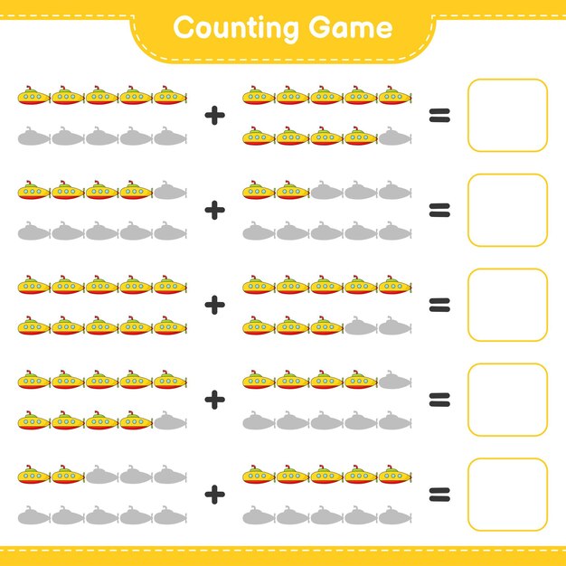 Cuente y empareje, cuente el número de submarinos y empareje con los números correctos. Juego educativo para niños, hoja de trabajo imprimible, ilustración vectorial