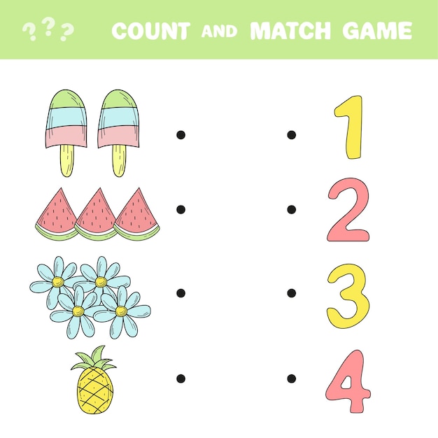 Cuente y empareje el juego cuente la cantidad de artículos de verano y combínelos con números