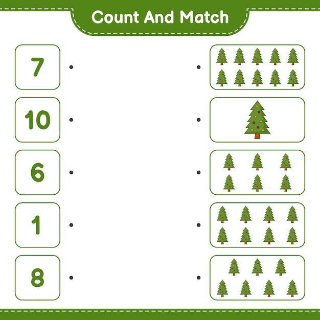 Cuente y haga coincidir el número de árboles de navidad y haga coincidir con los números correctos