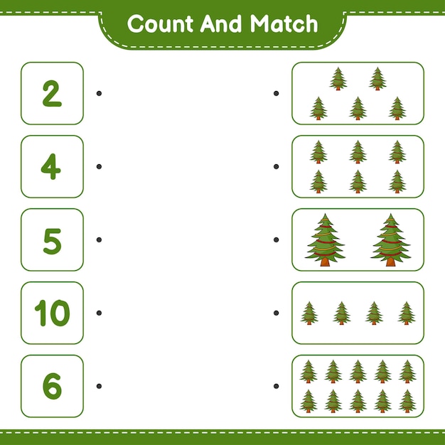 Cuente y haga coincidir el número de árboles de navidad y haga coincidir con los números correctos