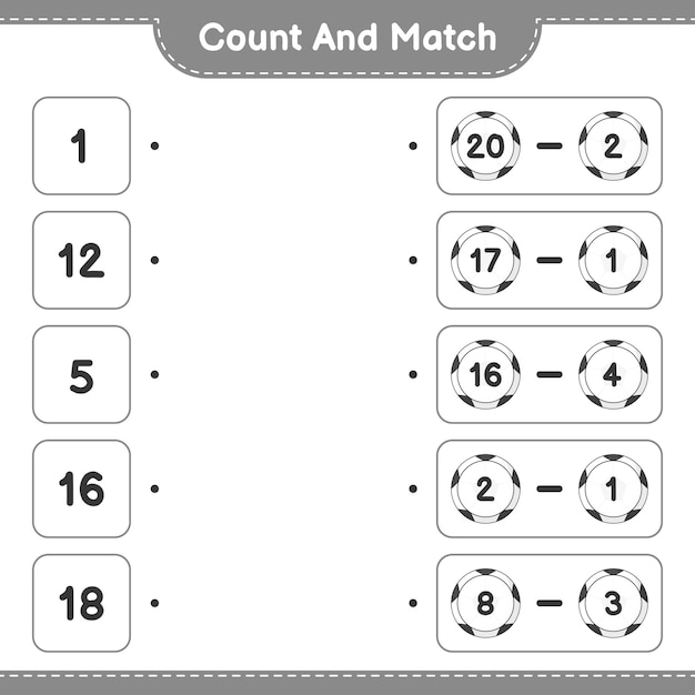 Cuente y haga coincidir el número de balones de fútbol y haga coincidir con los números correctos Juego educativo para niños hoja de cálculo imprimible ilustración vectorial