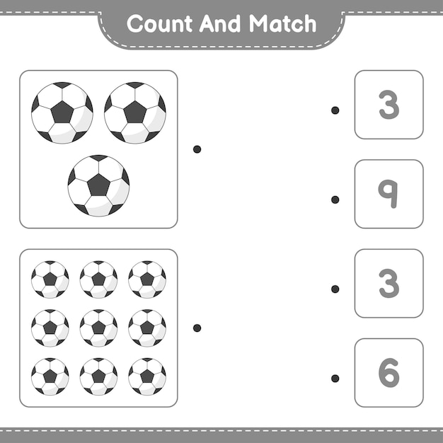 Cuente y haga coincidir el número de balones de fútbol y haga coincidir con los números correctos Juego educativo para niños hoja de cálculo imprimible ilustración vectorial