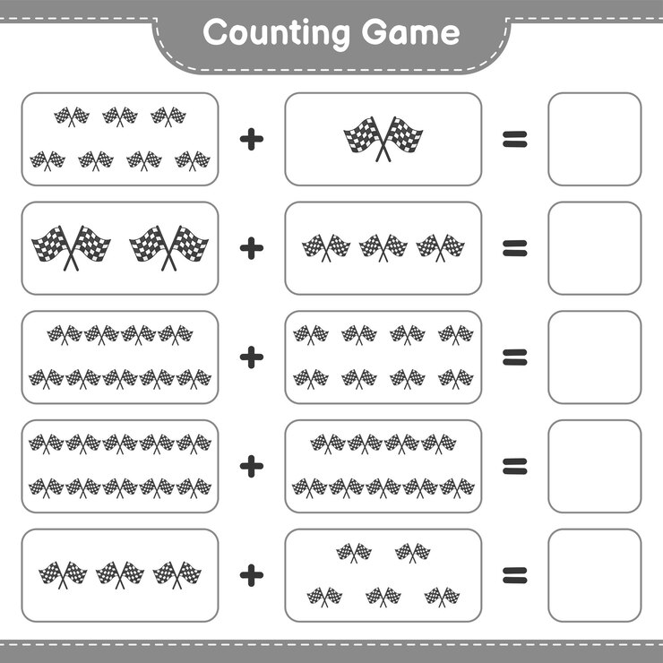 Vector cuente y haga coincidir el número de banderas de carreras y haga coincidir con los números correctos juego educativo para niños hoja de cálculo imprimible ilustración vectorial
