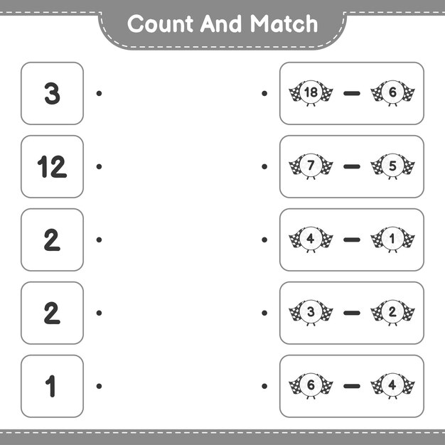 Cuente y haga coincidir el número de banderas de carreras y haga coincidir con los números correctos Juego educativo para niños hoja de cálculo imprimible ilustración vectorial