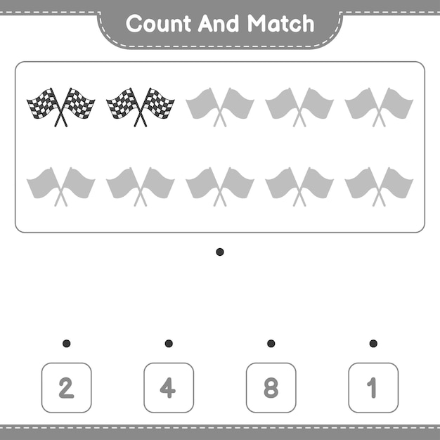 Cuente y haga coincidir el número de banderas de carreras y haga coincidir con los números correctos Juego educativo para niños hoja de cálculo imprimible ilustración vectorial