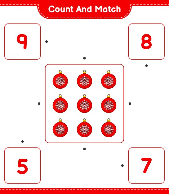 Cuente y haga coincidir el número de bolas navideñas y haga coincidir con los números correctos