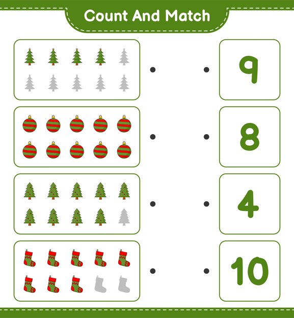Cuente y haga coincidir el número de calcetín de Navidad de la bola de Navidad del árbol de Navidad y haga coincidir con los números correctos Ilustración de vector de hoja de trabajo imprimible del juego educativo para niños
