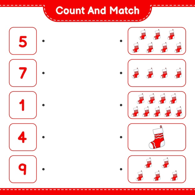 Cuente y haga coincidir el número de calcetín de Navidad y haga coincidir con los números correctos Juego educativo para niños hoja de cálculo imprimible ilustración vectorial