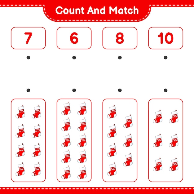 Cuente y haga coincidir el número de calcetín de Navidad y haga coincidir con los números correctos Juego educativo para niños hoja de cálculo imprimible ilustración vectorial