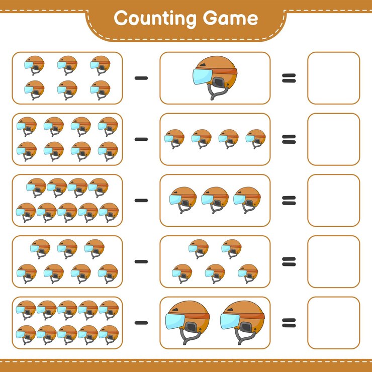 Vector cuente y haga coincidir el número de cascos de hockey y haga coincidir con los números correctos juego educativo para niños hoja de cálculo imprimible ilustración vectorial