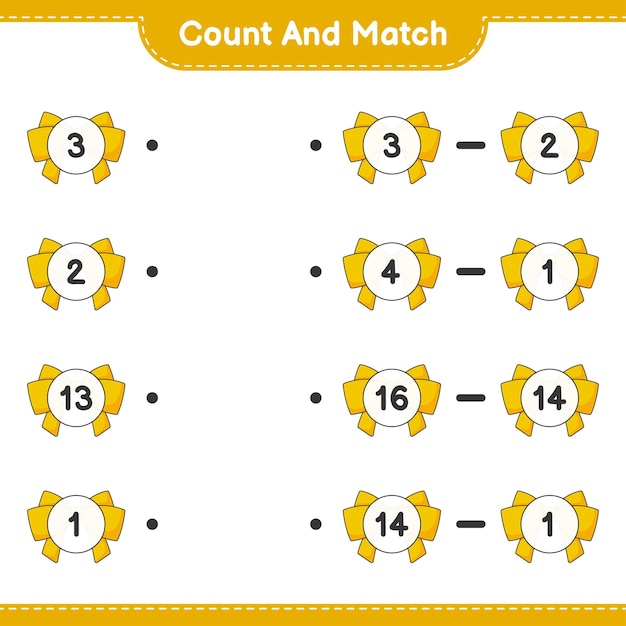 Cuente y haga coincidir el número de cinta y haga coincidir con los números correctos juego educativo para niños hoja de cálculo imprimible ilustración vectorial