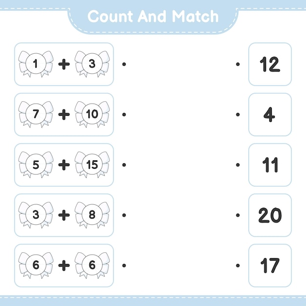 Cuente y haga coincidir el número de cintas y haga coincidir con los números correctos juego educativo para niños hoja de cálculo imprimible ilustración vectorial