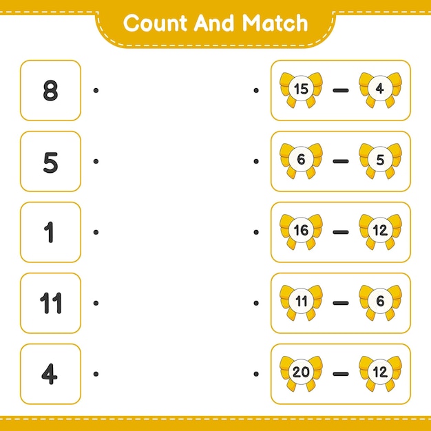 Cuente y haga coincidir el número de cintas y haga coincidir con los números correctos Juego educativo para niños hoja de cálculo imprimible ilustración vectorial