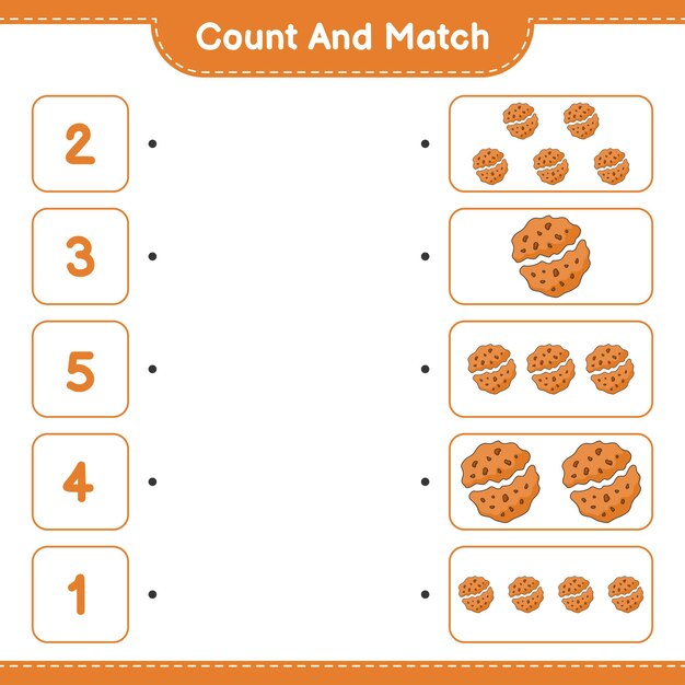 Cuente y haga coincidir el número de Cookie y haga coincidir con los números correctos Juego educativo para niños hoja de cálculo imprimible ilustración vectorial