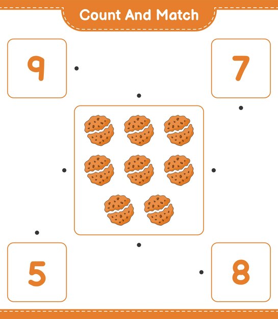 Cuente y haga coincidir el número de Cookie y haga coincidir con los números correctos Juego educativo para niños hoja de cálculo imprimible ilustración vectorial