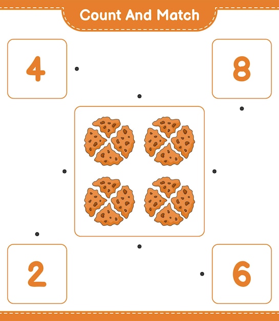 Cuente y haga coincidir el número de Cookie y haga coincidir con los números correctos Juego educativo para niños hoja de cálculo imprimible ilustración vectorial