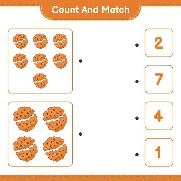 Cuente y haga coincidir el número de Cookie y haga coincidir con los números correctos Juego educativo para niños hoja de cálculo imprimible ilustración vectorial