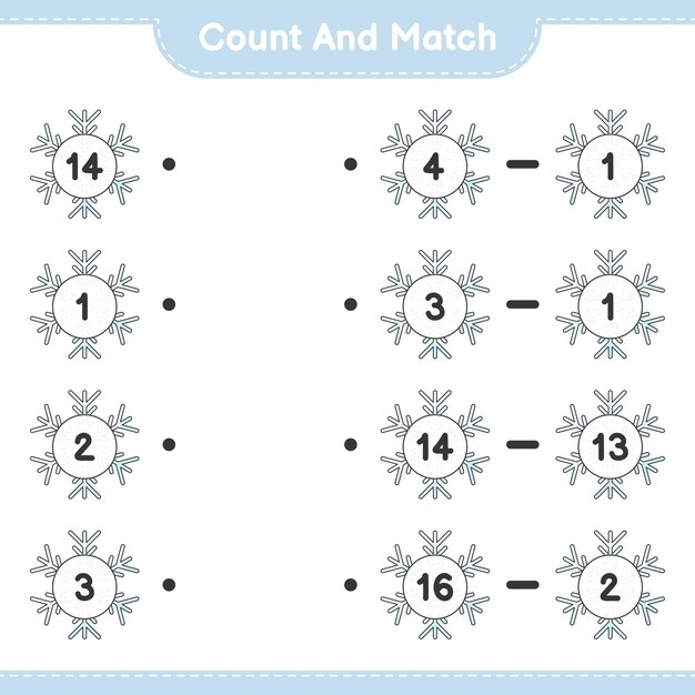 Cuente y haga coincidir el número de copos de nieve y haga coincidir con los números correctos Juego educativo para niños hoja de cálculo imprimible ilustración vectorial