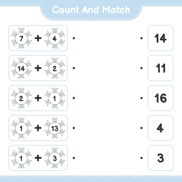 Cuente y haga coincidir el número de copos de nieve y haga coincidir con los números correctos juego educativo para niños hoja de cálculo imprimible ilustración vectorial