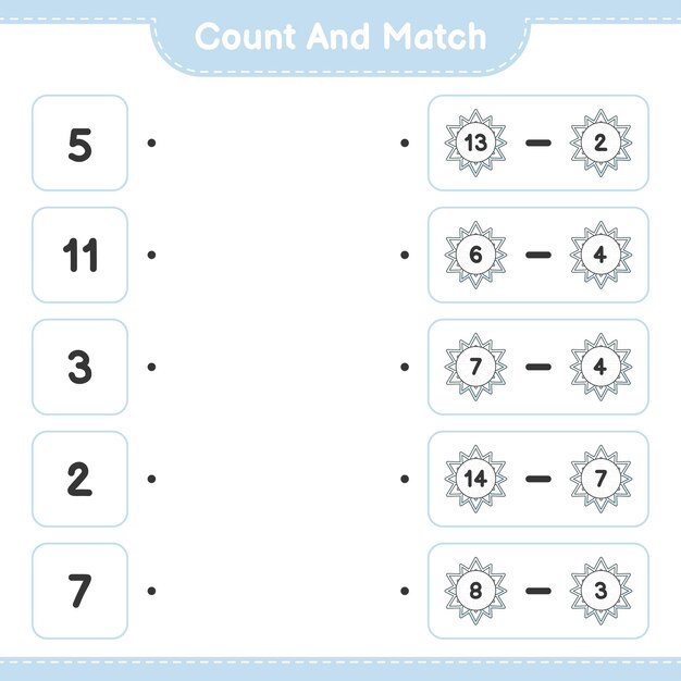 Cuente y haga coincidir el número de copos de nieve y haga coincidir con los números correctos Juego educativo para niños hoja de cálculo imprimible ilustración vectorial