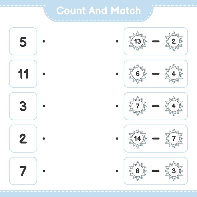 Cuente y haga coincidir el número de copos de nieve y haga coincidir con los números correctos juego educativo para niños hoja de cálculo imprimible ilustración vectorial