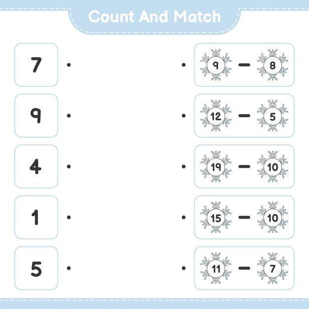 Cuente y haga coincidir el número de copos de nieve y haga coincidir con los números correctos juego educativo para niños hoja de cálculo imprimible ilustración vectorial