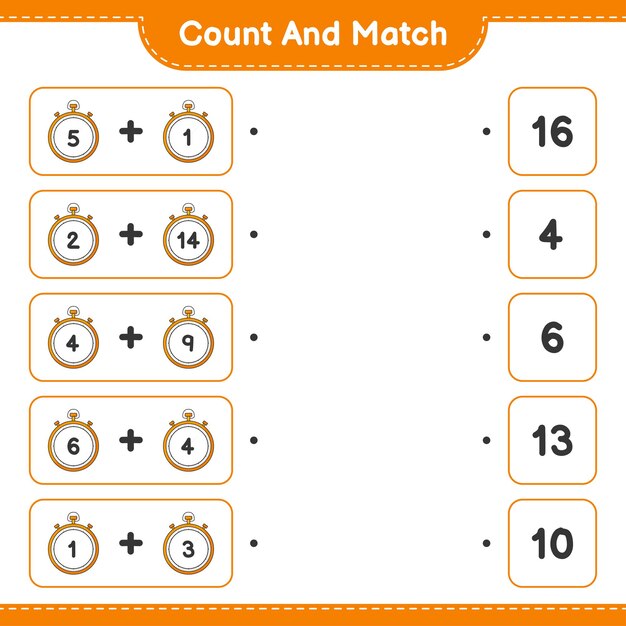 Cuente y haga coincidir el número de cronómetro y haga coincidir con los números correctos Juego educativo para niños hoja de cálculo imprimible ilustración vectorial