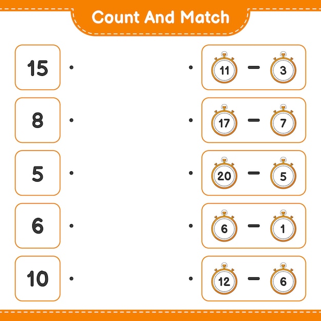 Cuente y haga coincidir el número de cronómetro y haga coincidir con los números correctos Juego educativo para niños hoja de cálculo imprimible ilustración vectorial