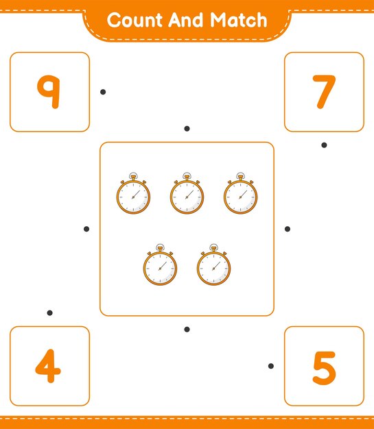 Cuente y haga coincidir el número de cronómetro y haga coincidir con los números correctos Juego educativo para niños hoja de cálculo imprimible ilustración vectorial