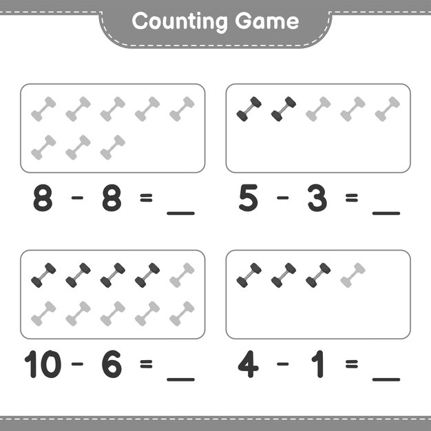 Cuente y haga coincidir el número de dumbbell y haga coincidir con los números correctos juego educativo para niños hoja de cálculo imprimible ilustración vectorial