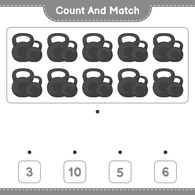 Cuente y haga coincidir el número de Dumbbell y haga coincidir con los números correctos Juego educativo para niños hoja de cálculo imprimible ilustración vectorial