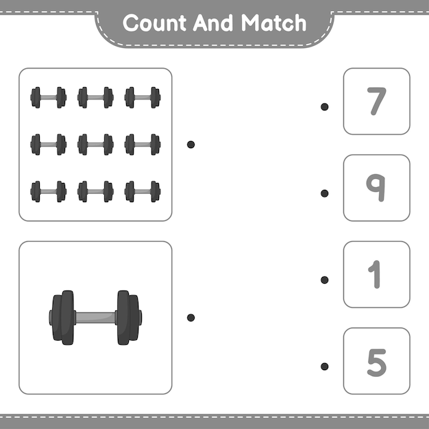 Cuente y haga coincidir el número de dumbbell y haga coincidir con los números correctos juego educativo para niños hoja de cálculo imprimible ilustración vectorial