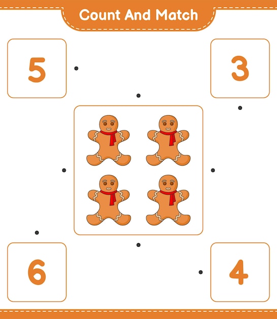 Cuente y haga coincidir el número de gingerbread man y haga coincidir con los números correctos juego educativo para niños hoja de cálculo imprimible ilustración vectorial