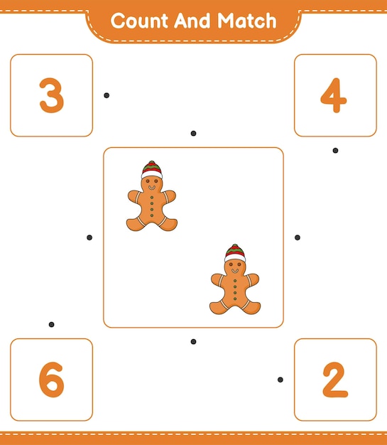 Cuente y haga coincidir el número de gingerbread man y haga coincidir con los números correctos juego educativo para niños hoja de cálculo imprimible ilustración vectorial