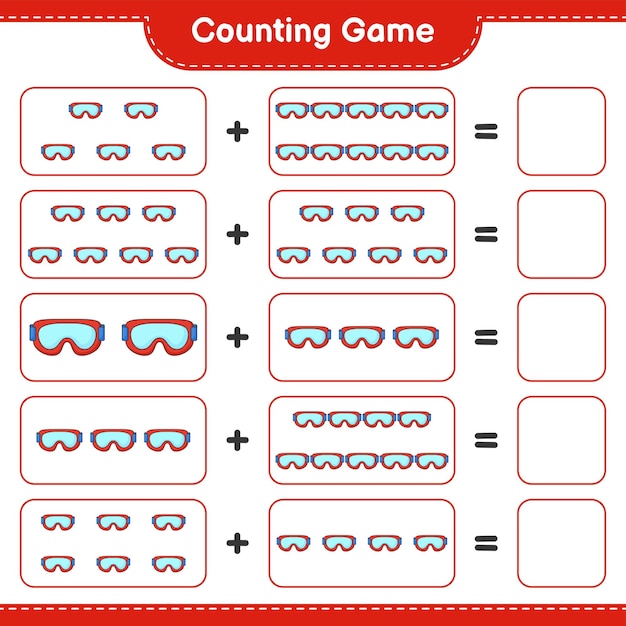 Cuente y haga coincidir el número de Goggle y haga coincidir con los números correctos Juego educativo para niños hoja de cálculo imprimible ilustración vectorial