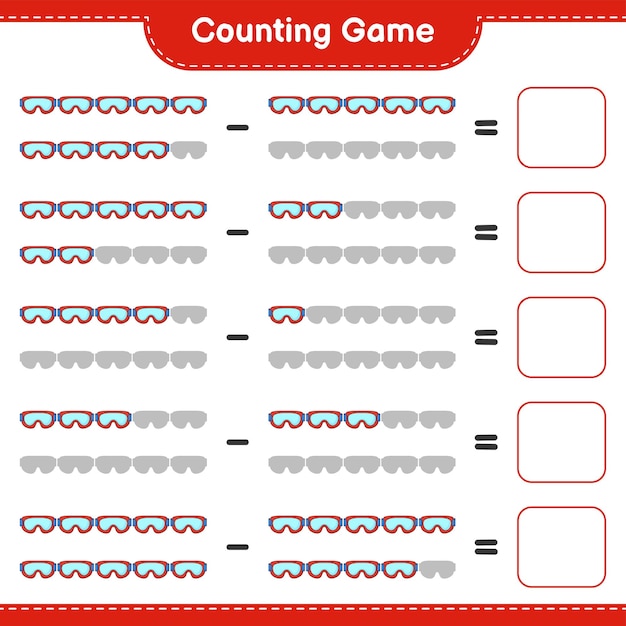 Cuente y haga coincidir el número de Goggle y haga coincidir con los números correctos Juego educativo para niños hoja de cálculo imprimible ilustración vectorial