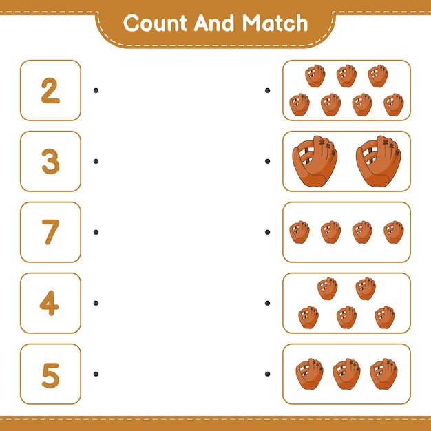 Cuente y haga coincidir el número de guantes de béisbol y haga coincidir con los números correctos Juego educativo para niños hoja de cálculo imprimible ilustración vectorial