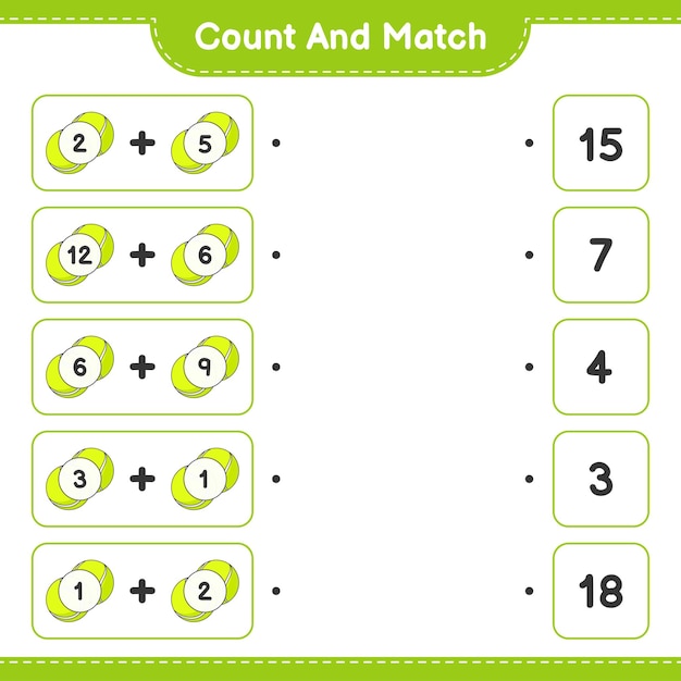 Cuente y haga coincidir el número de pelotas de tenis y haga coincidir con los números correctos Juego educativo para niños hoja de cálculo imprimible ilustración vectorial