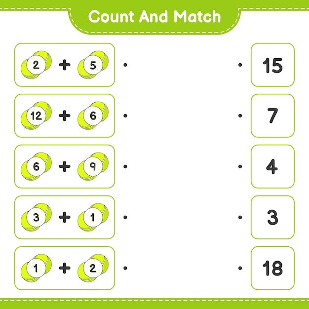 Vector cuente y haga coincidir el número de pelotas de tenis y haga coincidir con los números correctos juego educativo para niños hoja de cálculo imprimible ilustración vectorial