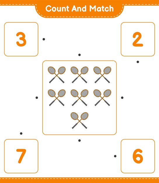 Cuente y haga coincidir el número de raquetas de bádminton y haga coincidir con los números correctos Juego educativo para niños hoja de trabajo imprimible ilustración vectorial