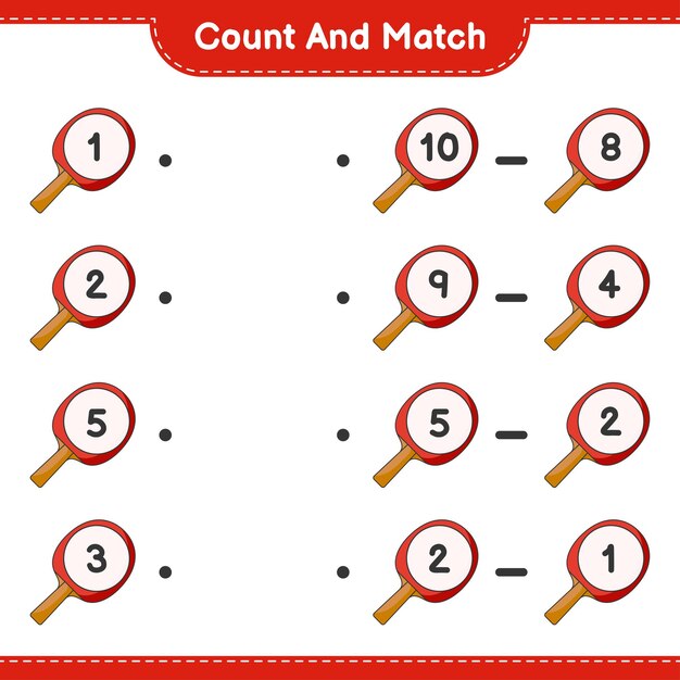 Cuente y haga coincidir el número de raquetas de ping pong y haga coincidir con los números correctos Juego educativo para niños hoja de cálculo imprimible ilustración vectorial