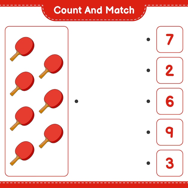 Cuente y haga coincidir el número de raquetas de ping pong y haga coincidir con los números correctos Juego educativo para niños hoja de cálculo imprimible ilustración vectorial