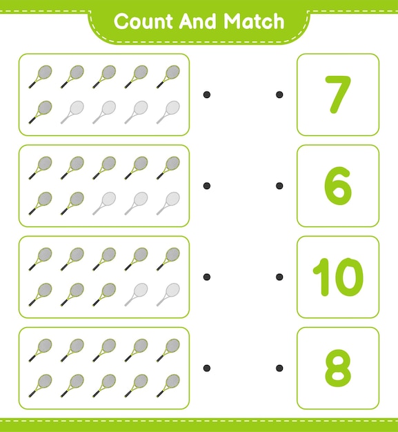Cuente y haga coincidir el número de raquetas de tenis y haga coincidir con los números correctos Juego educativo para niños hoja de cálculo imprimible ilustración vectorial