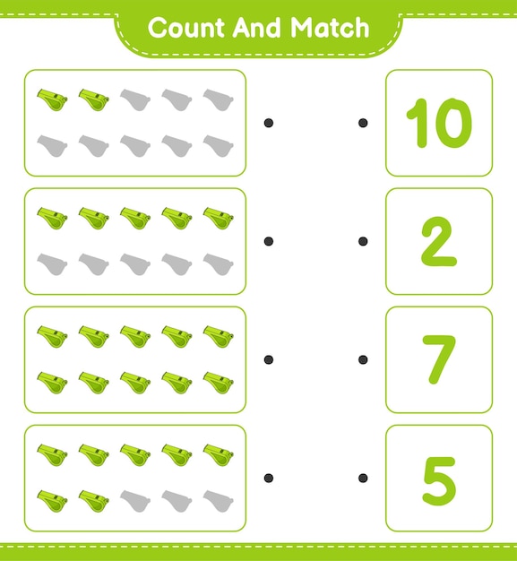 Cuente y haga coincidir el número de silbato y haga coincidir con los números correctos juego educativo para niños hoja de cálculo imprimible ilustración vectorial