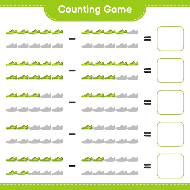 Vector cuente y haga coincidir el número de sneaker y haga coincidir con los números correctos juego educativo para niños hoja de cálculo imprimible ilustración vectorial