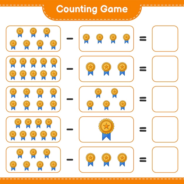 Cuente y haga coincidir el número de trofeos y haga coincidir con los números correctos Juego educativo para niños hoja de cálculo imprimible ilustración vectorial