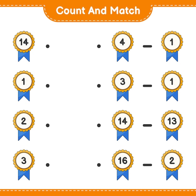 Cuente y haga coincidir el número de trofeos y haga coincidir con los números correctos Juego educativo para niños hoja de cálculo imprimible ilustración vectorial