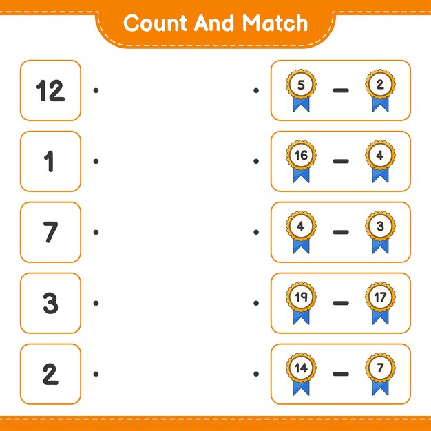 Cuente y haga coincidir el número de trofeos y haga coincidir con los números correctos Juego educativo para niños hoja de cálculo imprimible ilustración vectorial